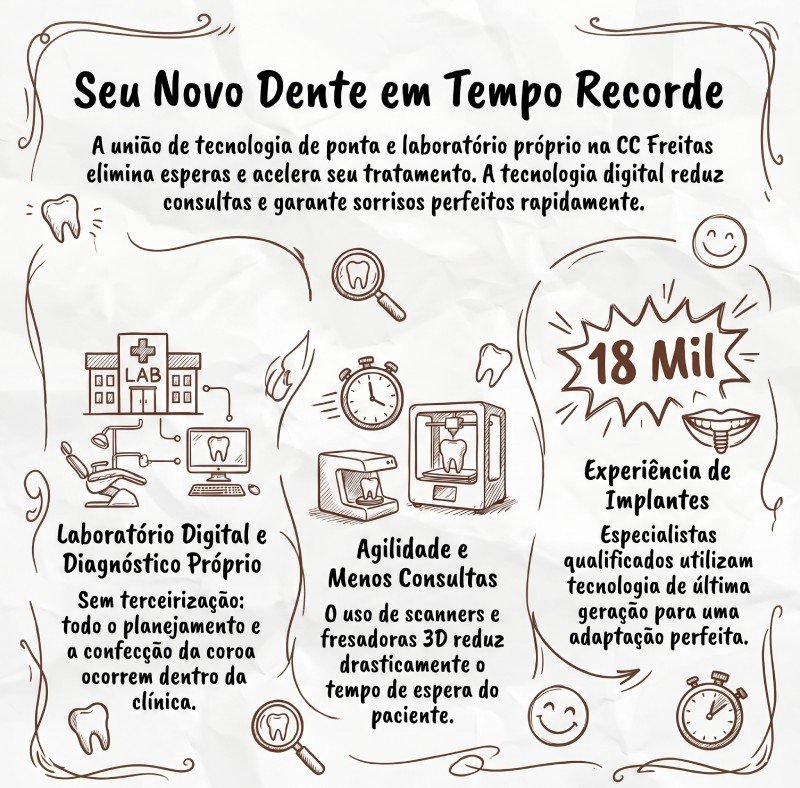 Infográfico da CC Freitas em Campinas sobre implante dentário rápido, destacando laboratório digital próprio e experiência de 18 mil implantes realizados.