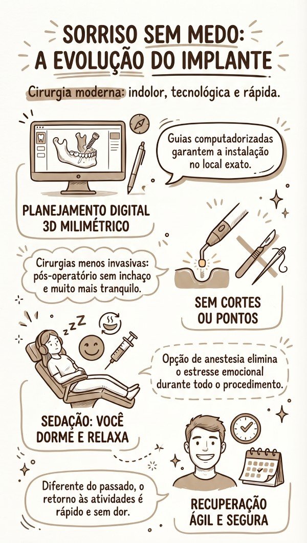 Infográfico sobre implante dentário em Campinas destacando planejamento digital 3D, cirurgia sem cortes, sedação consciente e recuperação rápida.