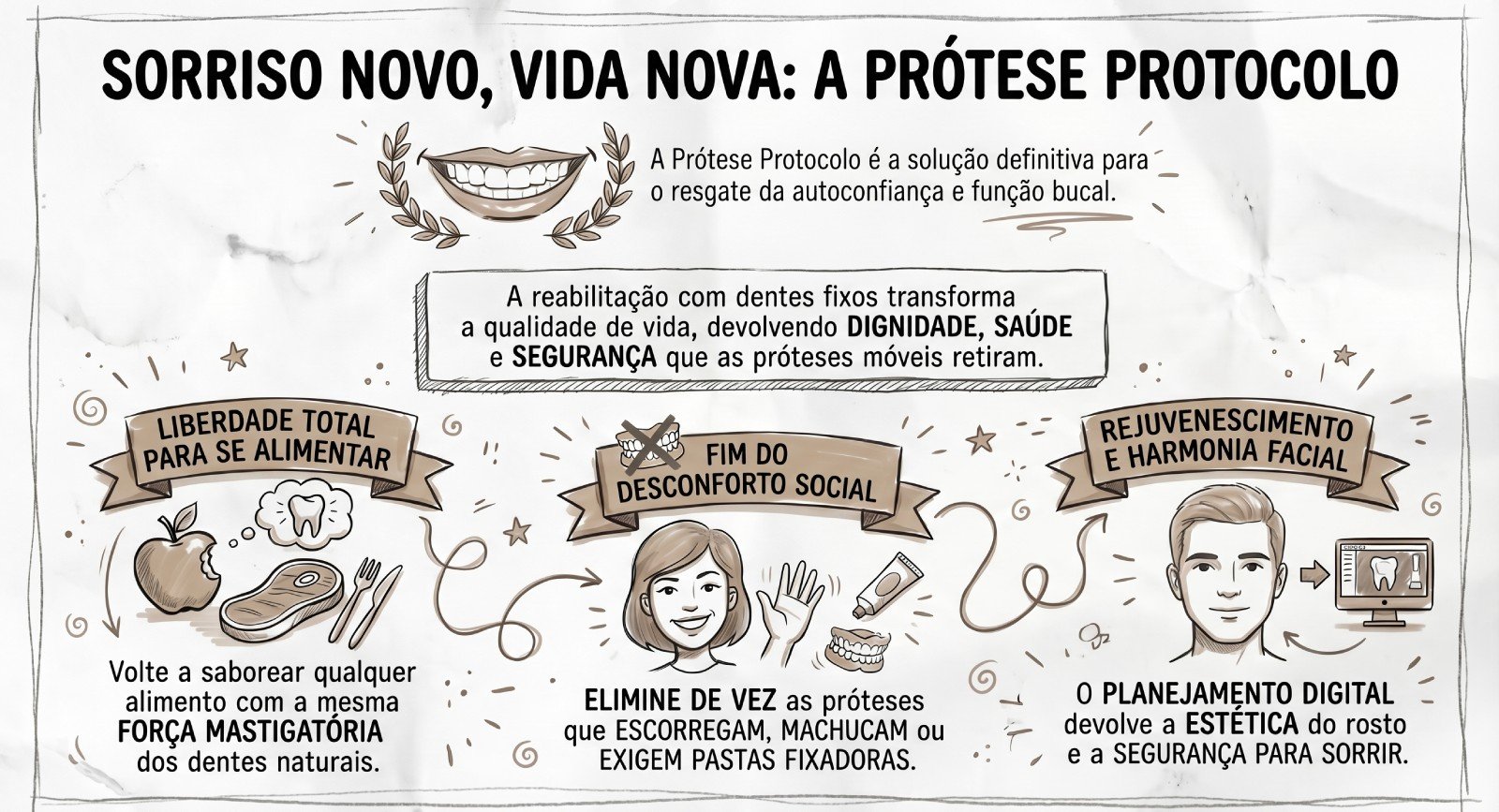 Infográfico sobre Prótese Protocolo em Campinas detalhando benefícios como força mastigatória, fim do desconforto social e estética facial.