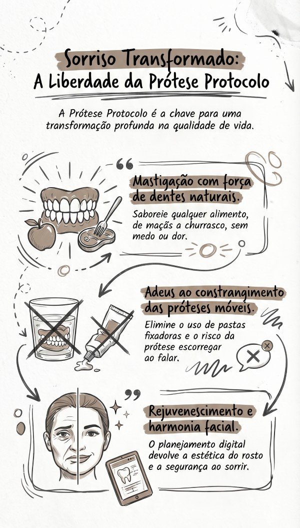 Infográfico sobre Prótese Protocolo em Campinas detalhando benefícios como força mastigatória, fim do desconforto social e estética facial.