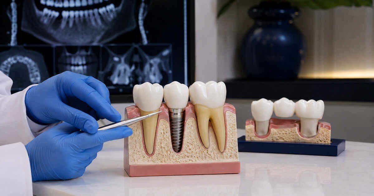 Modelo comparando implante unitário e ponte fixa no planejamento odontológico
